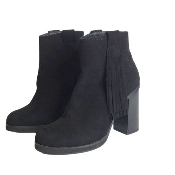 Black suede chunky ankle boots with fringe tassels made in Spain size 10 - Picture 1 of 11